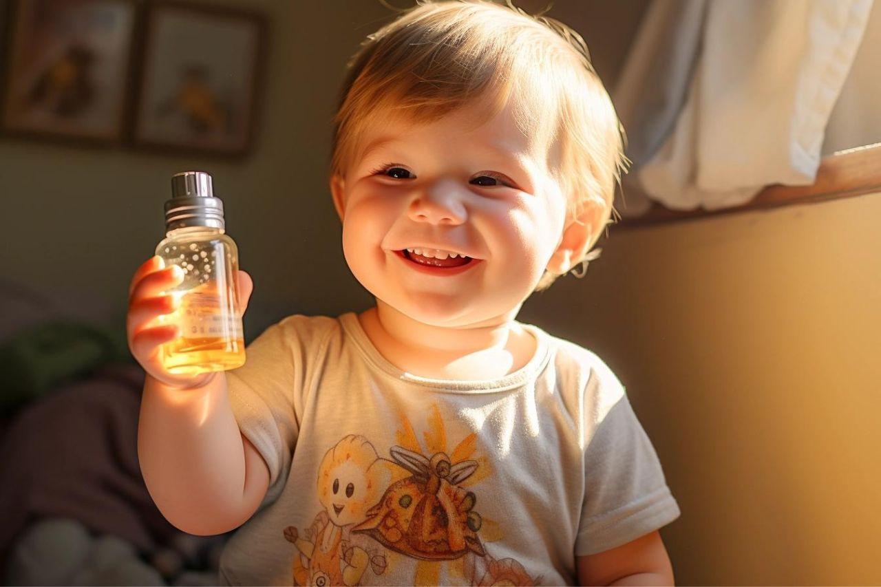 Bebe con bote de perfume 