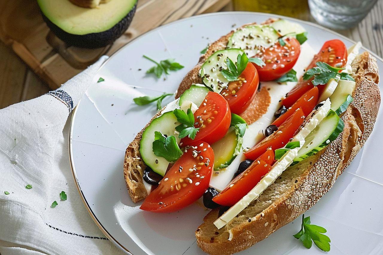 Bocadillo de pan integral con semillas, aguacate, tomate, queso y aceite de oliva. Codigo2 Studios