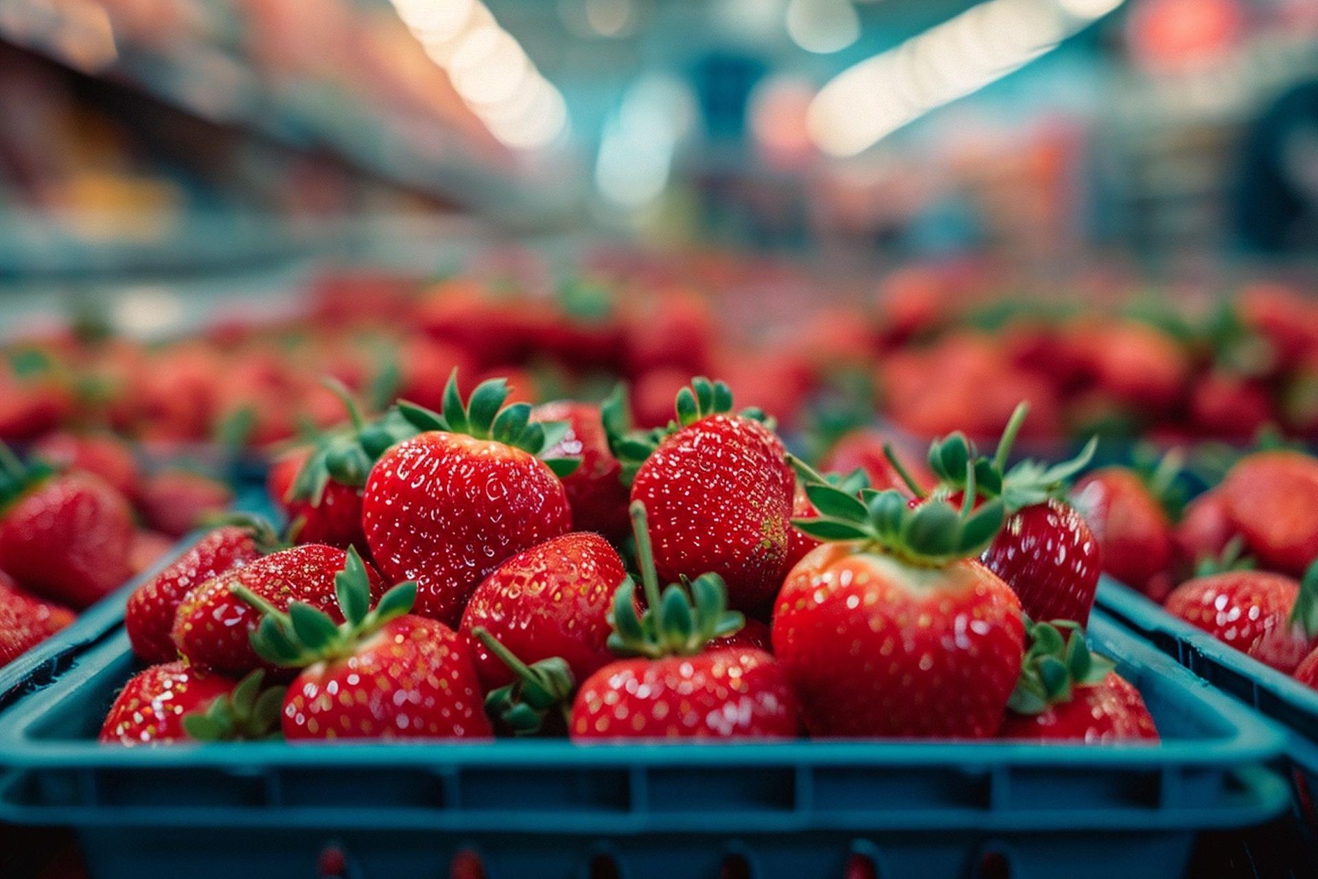 Cajas de fresas en el reparto en supermercado.