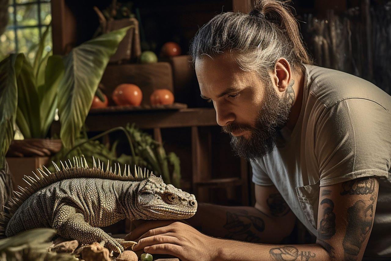 Una iguana de mascota con su dueño. Codigo2 Studios