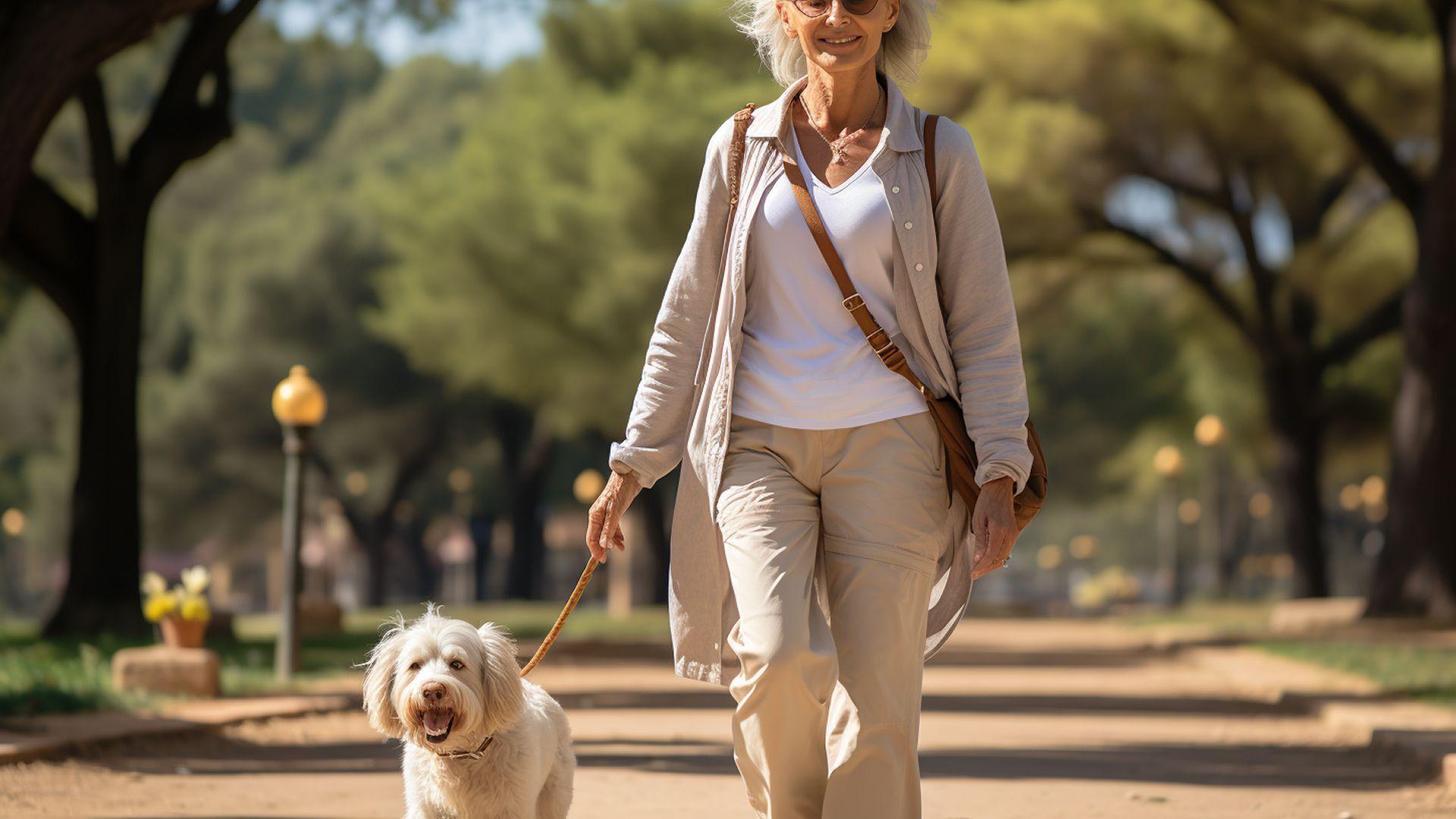 Mujer jubilada paseando su perro por un parque de ciudad. Codigo2 Studios