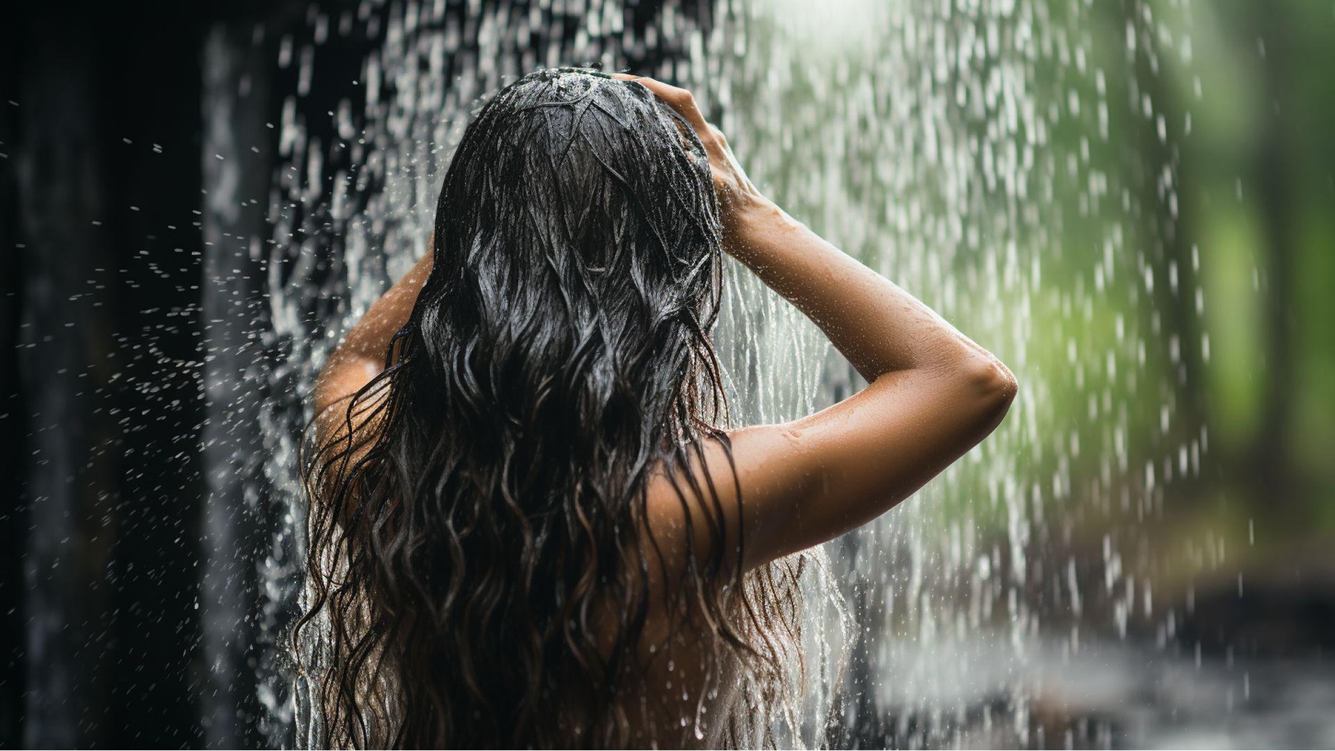 Mujer lavándose el pelo con agua abundante. Codigo2 Studios