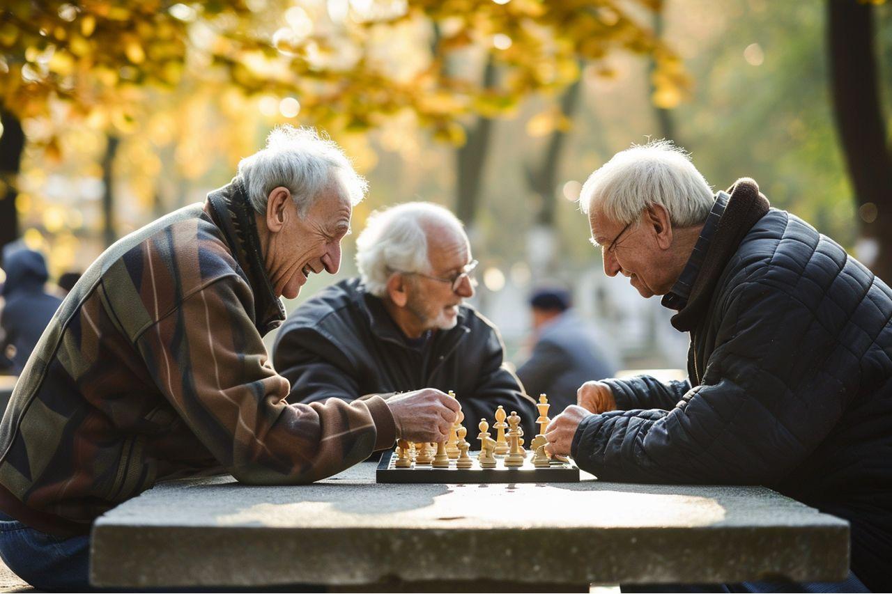 Grupo de personas mayores jugando al ajedrez en un parque. Codigo2 Studios