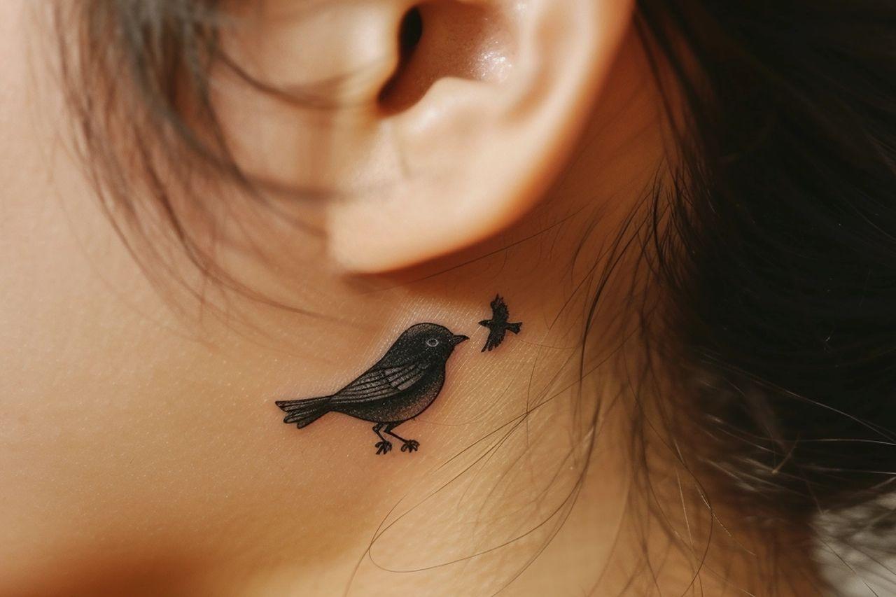 Tatuaje pequeño de pájaros en el cuello. Codigo2 Studios.