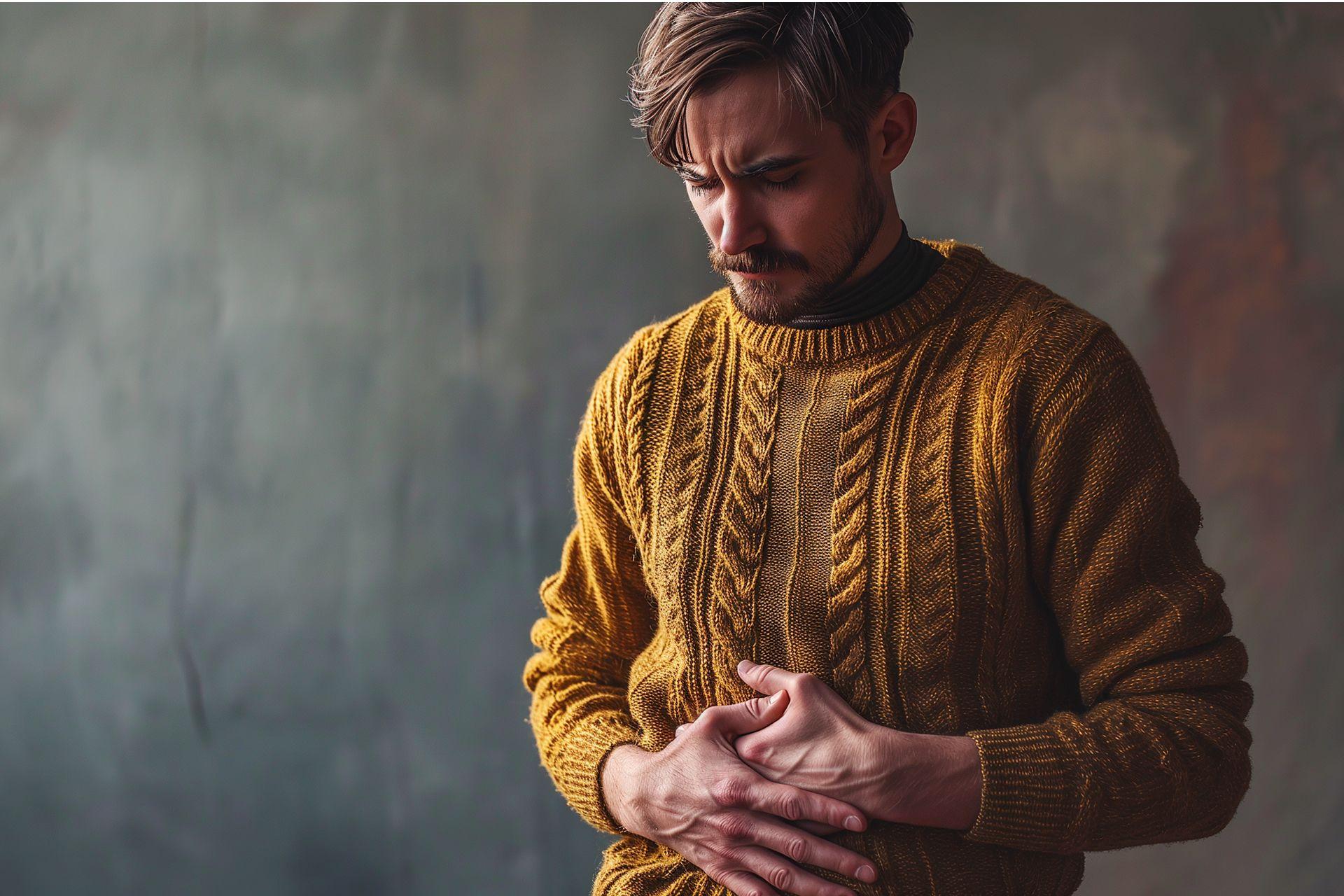 Hombre con dolor de estómago por sentirse hichado. Codigo2 Studios