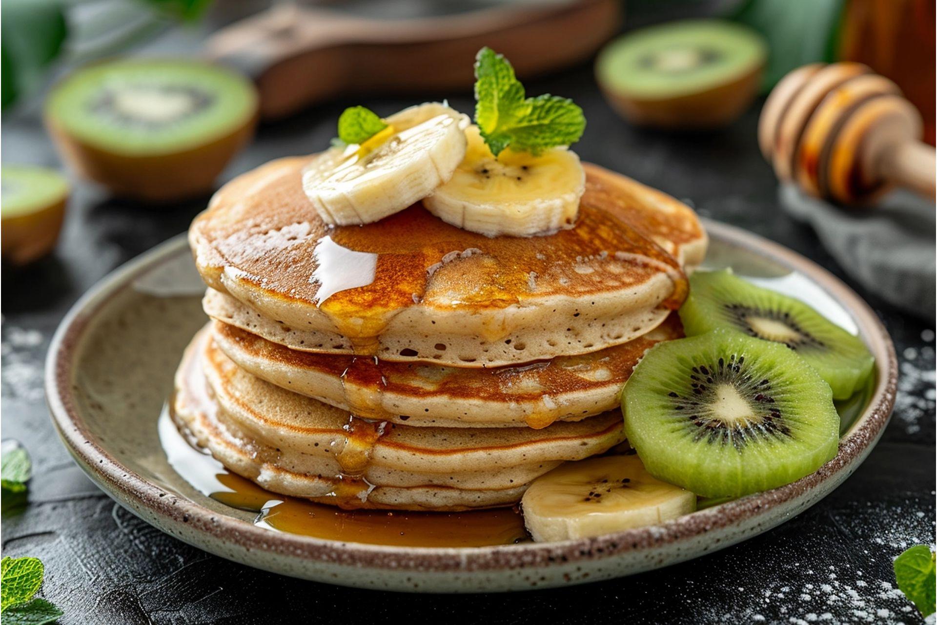 Desayuno con tortitas de avena y plátano servidas con miel. Codigo2 Studios