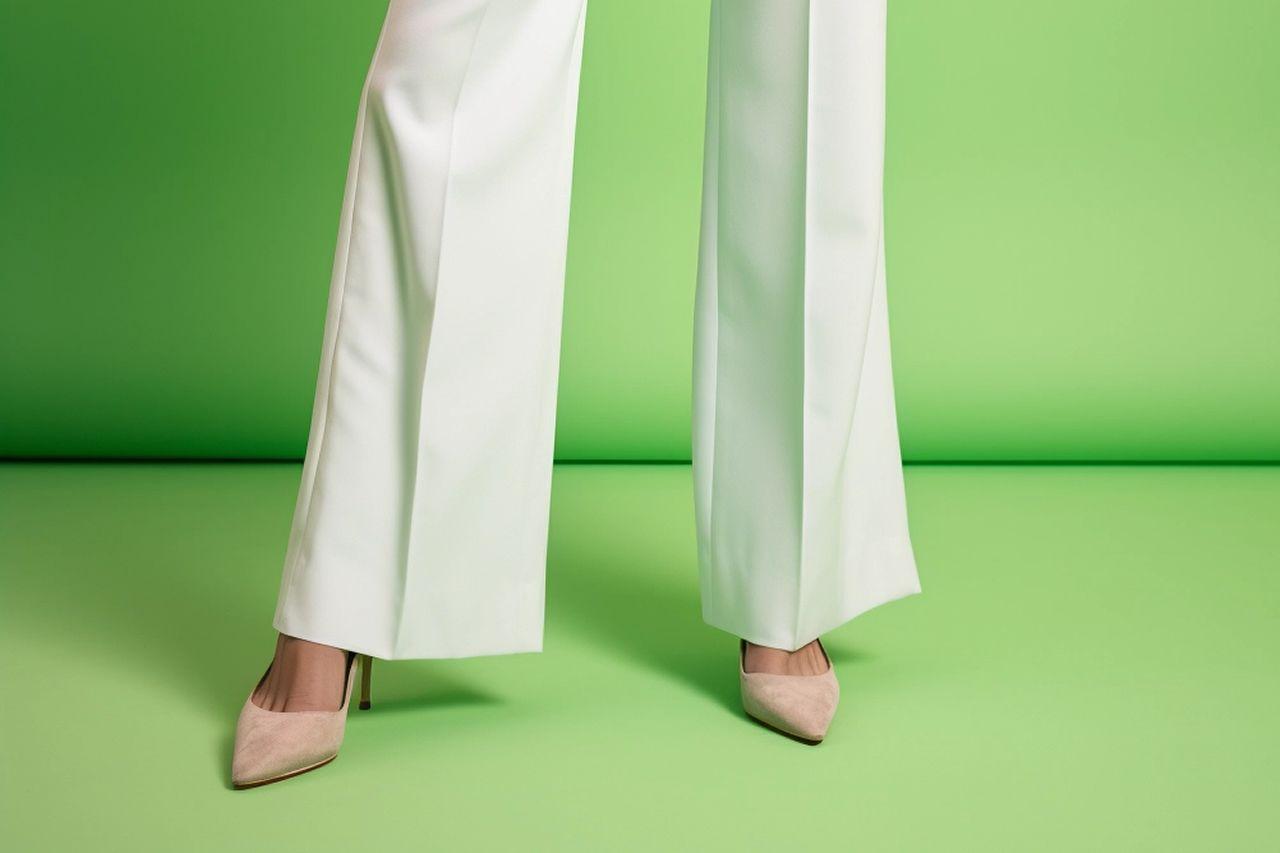 Modelo vistiendo pantalones Wide Leg con tacones. Codigo2 Studios